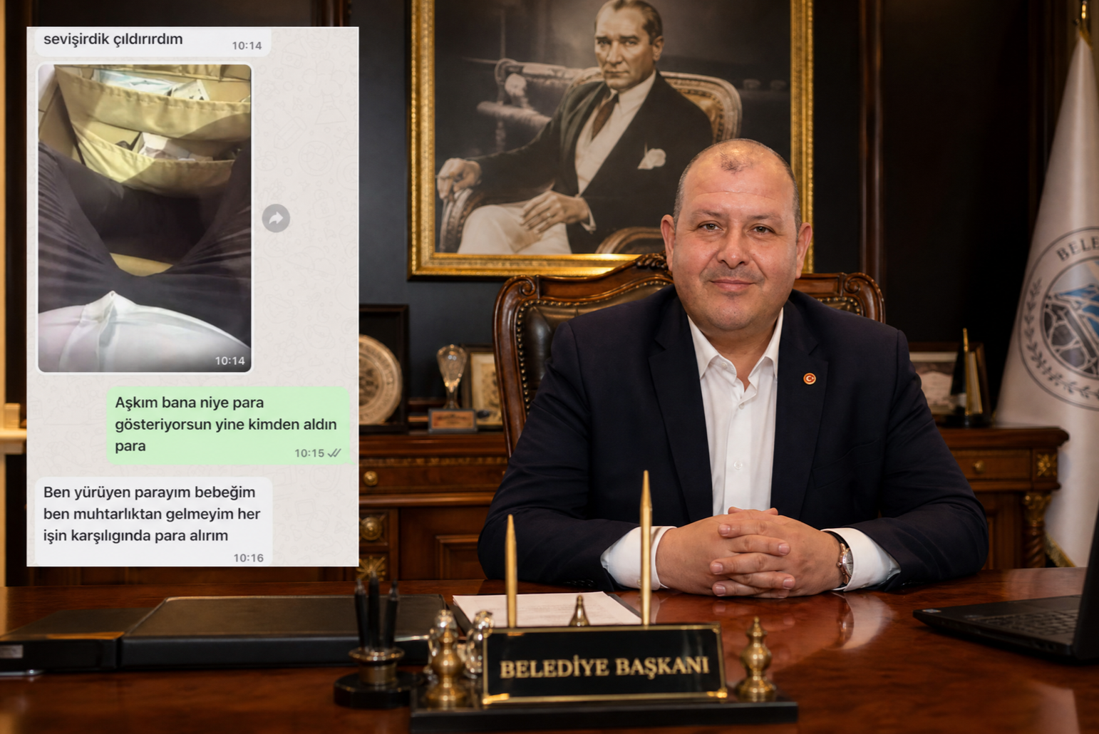 İlkay Çiçek makam odasında, «Belediye Başkanı» tabelası arkasında. Solda — sızan WhatsApp yazışmasının ekran görüntüsü.
